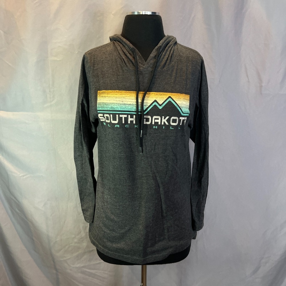 Prairie Mountain Hoodie Womens Small Heather Gray South Dakota Black Hills Print